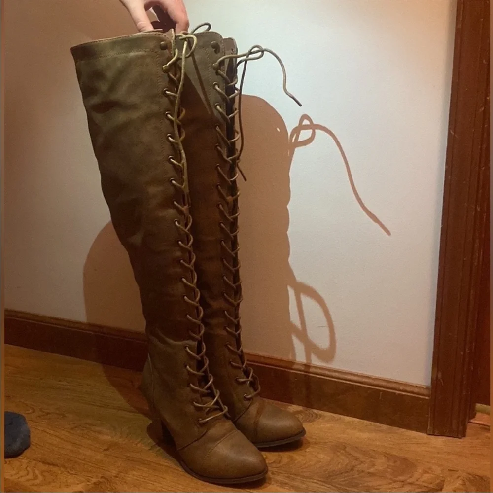 Brown lace up over the knee heeled boot winter fall boot high heeled boots